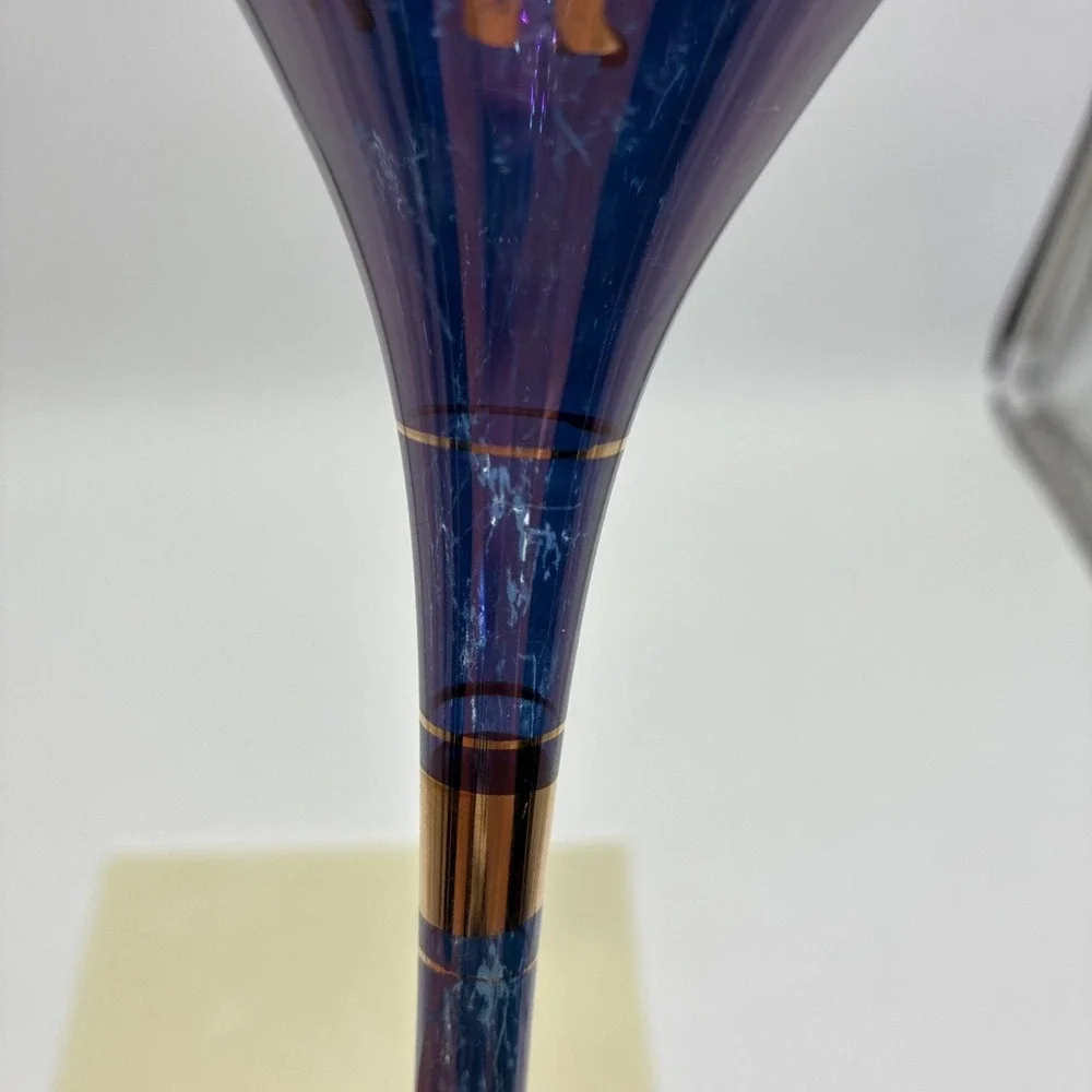 Vintage Purple Iridescent Hand Blown Glass Teardrop Ornament Gold Floral 8.5